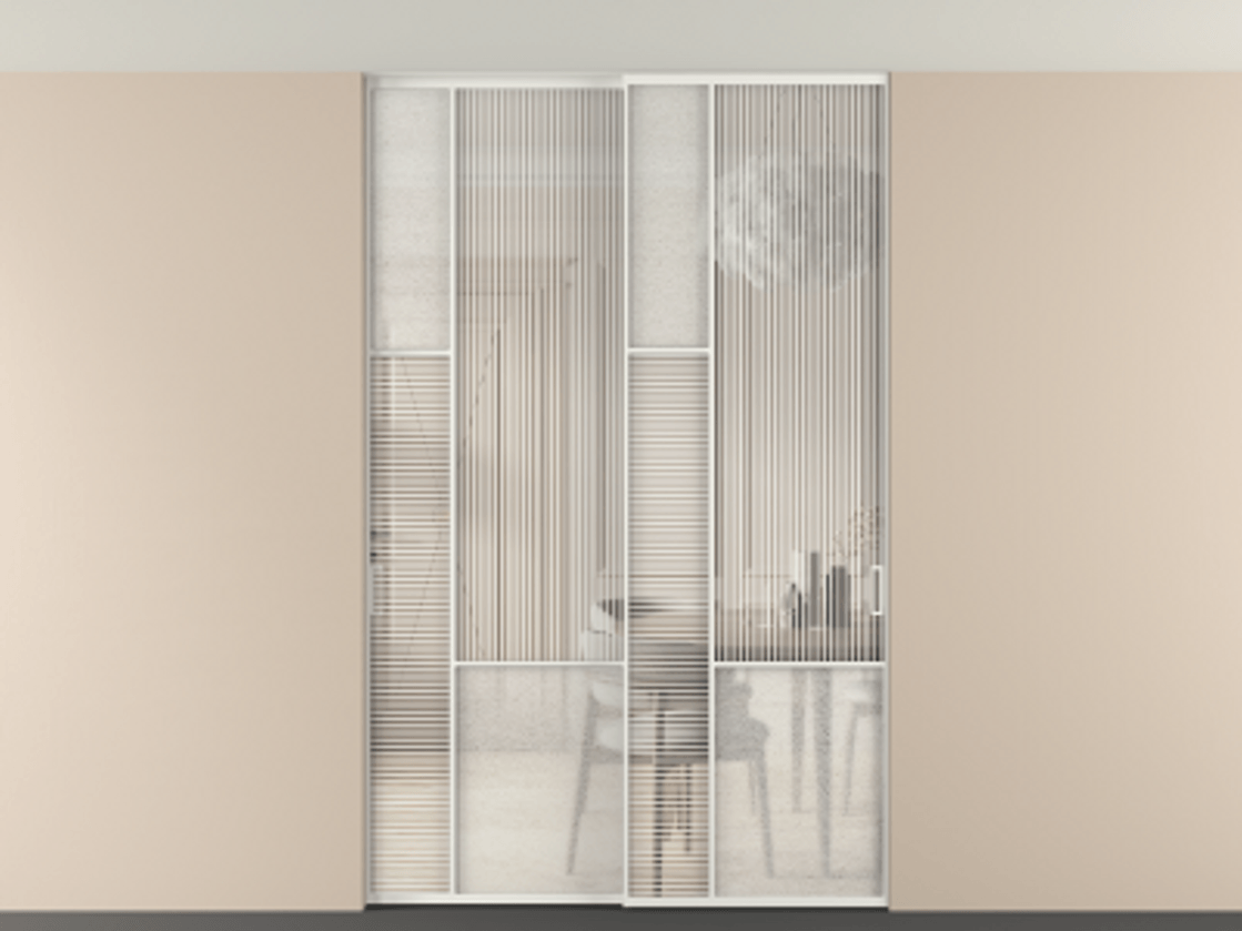 Перегородка Мозаик внутри проёма скрытое крепление в потолок 2 створки АЛПР 041.13 Алюминий светло-серый Рифлёное стекло "Дюна", триплекс, 6 мм + Фактурное стекло "Лёд", триплекс. Цена 340580 ₽ . Фабрика дверей Волховец 8 (800) 551 43 19 Перегородка Мозаик внутри проёма скрытое крепление в потолок 2 створки АЛПР 041.13 Алюминий светло-серый Рифлёное стекло "Дюна", триплекс, 6 мм + Фактурное стекло "Лёд", триплекс Цена 340580 ₽ | Volhovec
