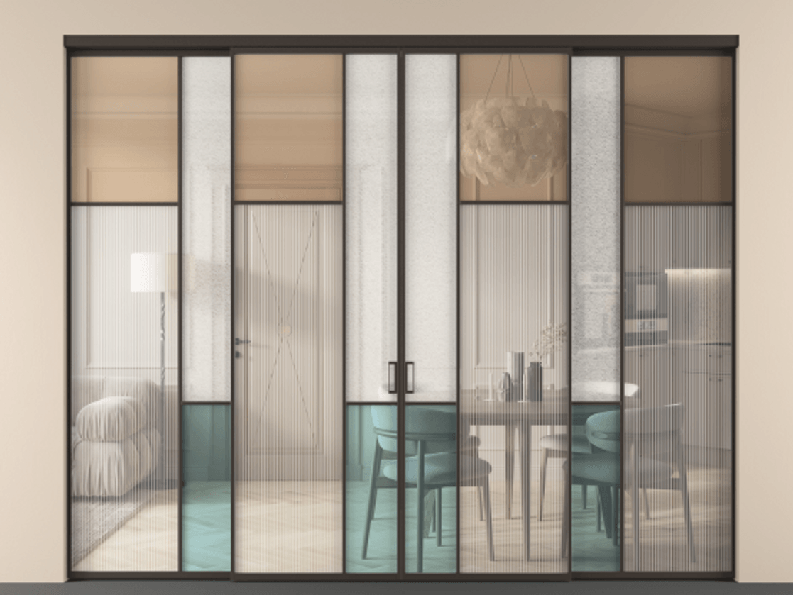 Перегородка Мозаик внутри проёма 4 створки АЛПР 041.11 Алюминий антрацит Комбинация стекол Группы 1 и Группы 3. Цена 484920 ₽ . Фабрика дверей Волховец 8 (800) 551 43 19 Перегородка Мозаик внутри проёма 4 створки АЛПР 041.11 Алюминий антрацит Комбинация стекол Группы 1 и Группы 3 Цена 484920 ₽ | Volhovec