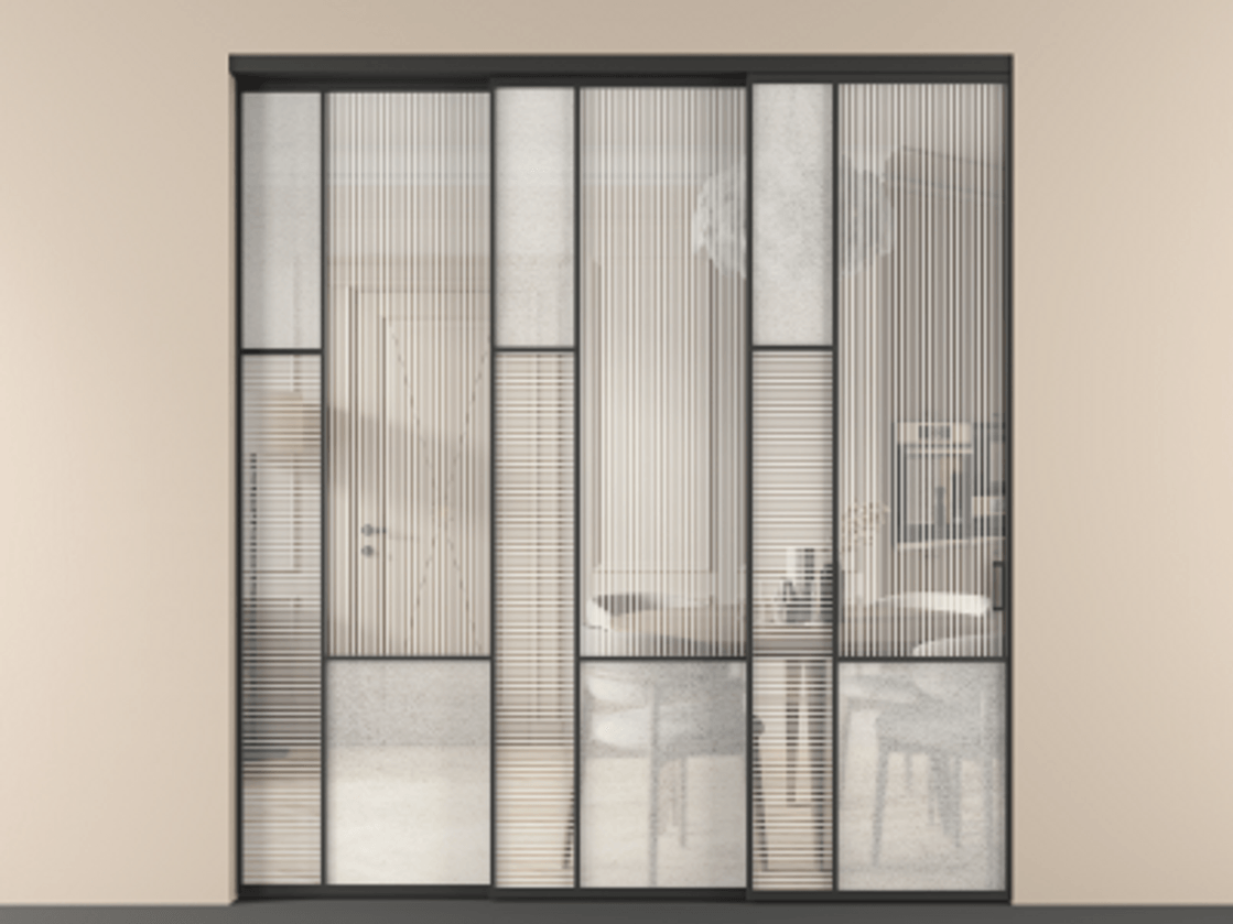 Перегородка Мозаик внутри проёма 3 створки с синхронным механизмом АЛПР 041.13 Алюминий Черный Рифлёное стекло "Дюна", триплекс, 6 мм + Фактурное стекло "Лёд", триплекс. Скрытый короб ЧЕР Цена 441070 ₽ . Фабрика дверей Волховец 8 (800) 551 43 19 Перегородка Мозаик внутри проёма 3 створки с синхронным механизмом АЛПР 041.13 Алюминий Черный Рифлёное стекло "Дюна", триплекс, 6 мм + Фактурное стекло "Лёд", триплекс Цена 441070 ₽ | Volhovec