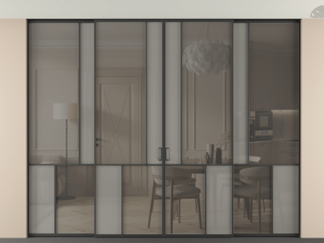 Перегородка Mosaic внутри проёма скрытое крепление в потолок 4 створки АЛПР 041.20 Алюминий Черный Сатинированное серое стекло, триплекс, 6 мм + Прозрачное серое стекло, триплекс. Скрытый короб ЧЕР Цена 574140 ₽ . Фабрика дверей Волховец 8 (800) 551 43 19 Перегородка Mosaic внутри проёма скрытое крепление в потолок 4 створки АЛПР 041.20 Алюминий Черный Сатинированное серое стекло, триплекс, 6 мм + Прозрачное серое стекло, триплекс Цена 574140 ₽ | Volhovec