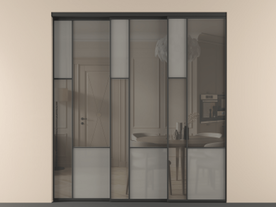 Перегородка Мозаик внутри проёма 3 створки с синхронным механизмом АЛПР 041.13 Алюминий Черный Сатинированное серое стекло, триплекс, 6 мм + Прозрачное серое стекло, триплекс. Скрытый короб ЧЕР Цена 417070 ₽ . Фабрика дверей Волховец 8 (800) 551 43 19 Перегородка Мозаик внутри проёма 3 створки с синхронным механизмом АЛПР 041.13 Алюминий Черный Сатинированное серое стекло, триплекс, 6 мм + Прозрачное серое стекло, триплекс Цена 417070 ₽ | Volhovec