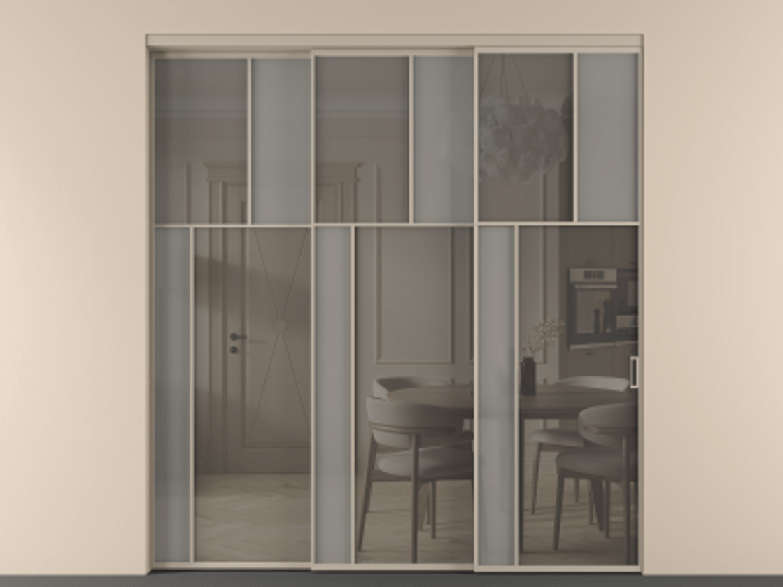 Перегородка Мозаик внутри проёма 3 створки с синхронным механизмом АЛПР 041.22 Алюминий бисквитный Сатинированное серое стекло, триплекс, 6 мм + Прозрачное серое стекло, триплекс. Цена 437390 ₽ . Фабрика дверей Волховец 8 (800) 551 43 19 Перегородка Мозаик внутри проёма 3 створки с синхронным механизмом АЛПР 041.22 Алюминий бисквитный Сатинированное серое стекло, триплекс, 6 мм + Прозрачное серое стекло, триплекс Цена 437390 ₽ | Volhovec