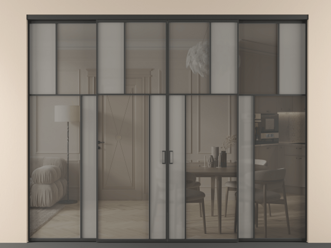 Перегородка Mosaic внутри проёма 4 створки АЛПР 041.22 Алюминий Черный Сатинированное серое стекло, триплекс, 6 мм + Прозрачное серое стекло, триплекс. Скрытый короб ЧЕР Цена 441960 ₽ . Фабрика дверей Волховец 8 (800) 551 43 19 Перегородка Mosaic внутри проёма 4 створки АЛПР 041.22 Алюминий Черный Сатинированное серое стекло, триплекс, 6 мм + Прозрачное серое стекло, триплекс Цена 441960 ₽ | Volhovec