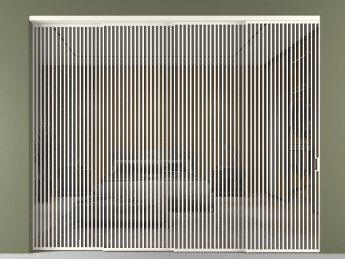 Перегородка Формато внутри проёма 4 створки с синхронным механизмом АЛПР 040.06 Алюминий пудровый белый Рефлективное серое стекло "Стопсол", калёное. Цена 802920 ₽ 1. Полотно 4 шт. (800/2100 мм)
2. Комплект установки раздвижной системы
3. Базовый комплект фурнитуры
4. Комплект фурнитуры телескопик синхро-3
5. Ручка Рондо. Фабрика дверей Волховец 8 (800) 551 43 19 Перегородка Формато внутри проёма 4 створки с синхронным механизмом АЛПР 040.06 Алюминий пудровый белый Рефлективное серое стекло "Стопсол", калёное Цена 802920 ₽ | Volhovec