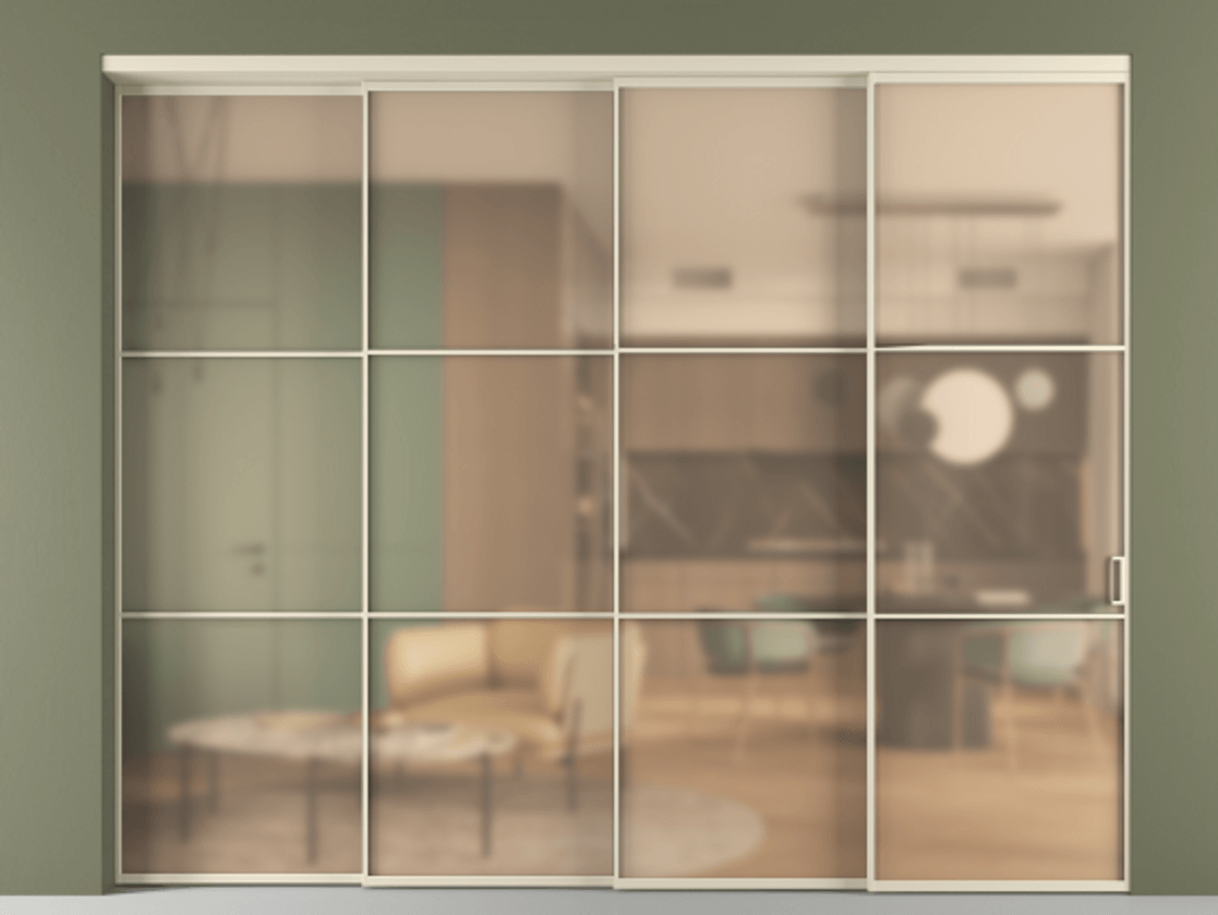 Перегородка Formato внутри проёма 4 створки с синхронным механизмом АЛПР 040.03 Алюминий бежево-серый Сатинированное оранжевое стекло, триплекс. Цена 523800 ₽ 1. Полотно 4 шт. (800/2100 мм)
2. Комплект установки раздвижной системы
3. Базовый комплект фурнитуры
4. Комплект фурнитуры телескопик синхро-3
5. Ручка RONDO
. Фабрика дверей Волховец 8 (800) 551 43 19 Перегородка Formato внутри проёма 4 створки с синхронным механизмом АЛПР 040.03 Алюминий бежево-серый Сатинированное оранжевое стекло, триплекс Цена 523800 ₽ | Volhovec