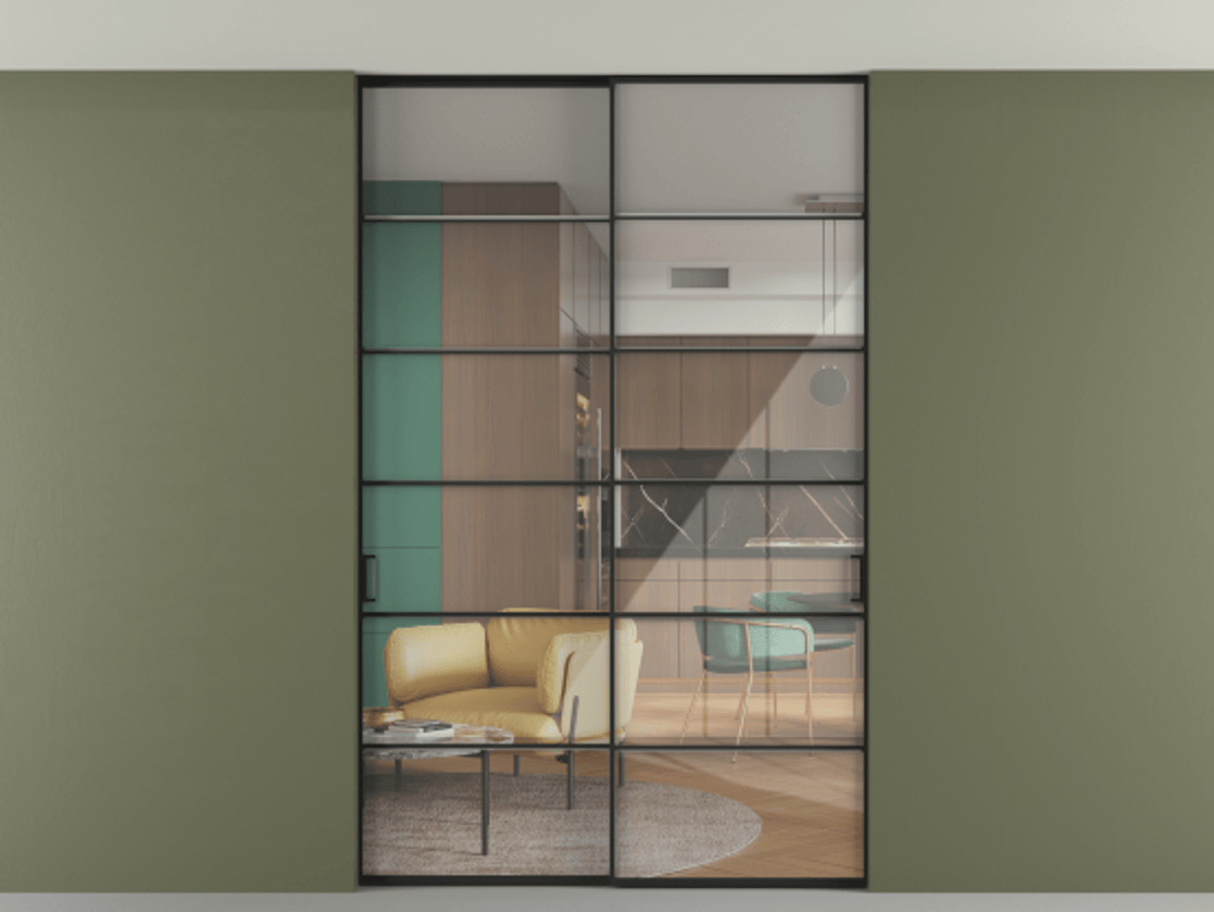 Перегородка Formato внутри проёма скрытое крепление в потолок 2 створки АЛПР 040.04 Алюминий Черный Рефлективное прозрачное стекло "Stopsol", калёное. Скрытый короб ЧЕР Цена 313880 ₽ 1. Полотно 2 шт. (800/2100 мм)
2. Комплект установки раздвижной системы
3. Базовый комплект фурнитуры
4. Ручка RONDO. Фабрика дверей Волховец 8 (800) 551 43 19 Перегородка Formato внутри проёма скрытое крепление в потолок 2 створки АЛПР 040.04 Алюминий Черный Рефлективное прозрачное стекло "Stopsol", калёное Цена 313880 ₽ | Volhovec