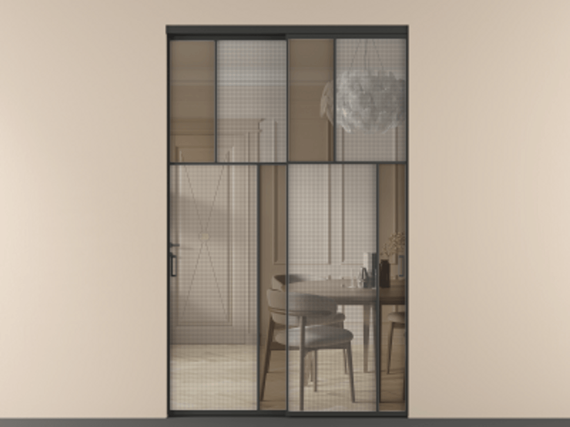 Перегородка Mosaic внутри проёма двустворчатая АЛПР 041.23 Алюминий Черный Декоративное стекло с сеткой "Mesh silver", триплекс, 6 мм + Прозрачное бронзовое стекло, триплекс. Скрытый короб ЧЕР Цена 482580 ₽ . Фабрика дверей Волховец 8 (800) 551 43 19 Перегородка Mosaic внутри проёма двустворчатая АЛПР 041.23 Алюминий Черный Декоративное стекло с сеткой "Mesh silver", триплекс, 6 мм + Прозрачное бронзовое стекло, триплекс Цена 482580 ₽ | Volhovec