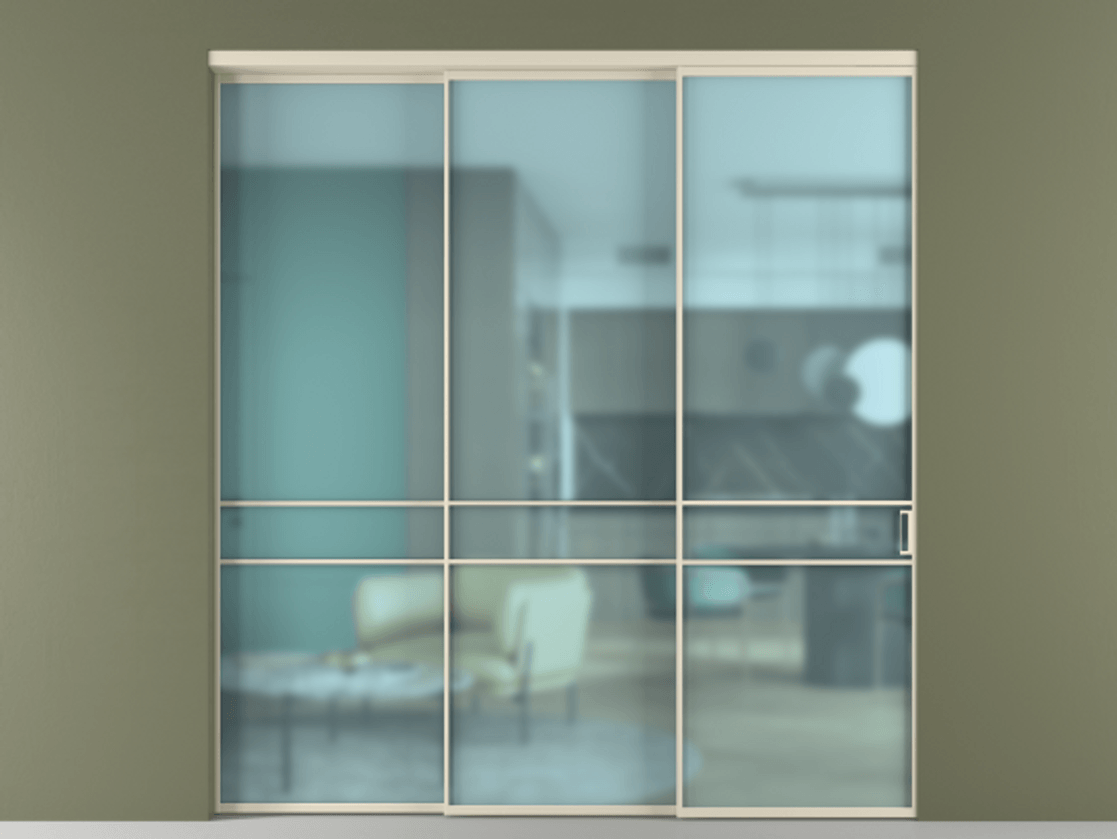 Перегородка Formato внутри проёма 3 створки с синхронным механизмом АЛПР 040.02 Алюминий бежево-серый Сатинированное голубое стекло, триплекс. Цена 389600 ₽ 1. Полотно 3 шт. (800/2100 мм)
2. Комплект установки раздвижной системы
3. Базовый комплект фурнитуры
4. Комплект фурнитуры телескопик синхро-2
5.Ручка RONDO
. Фабрика дверей Волховец 8 (800) 551 43 19 Перегородка Formato внутри проёма 3 створки с синхронным механизмом АЛПР 040.02 Алюминий бежево-серый Сатинированное голубое стекло, триплекс Цена 389600 ₽ | Volhovec