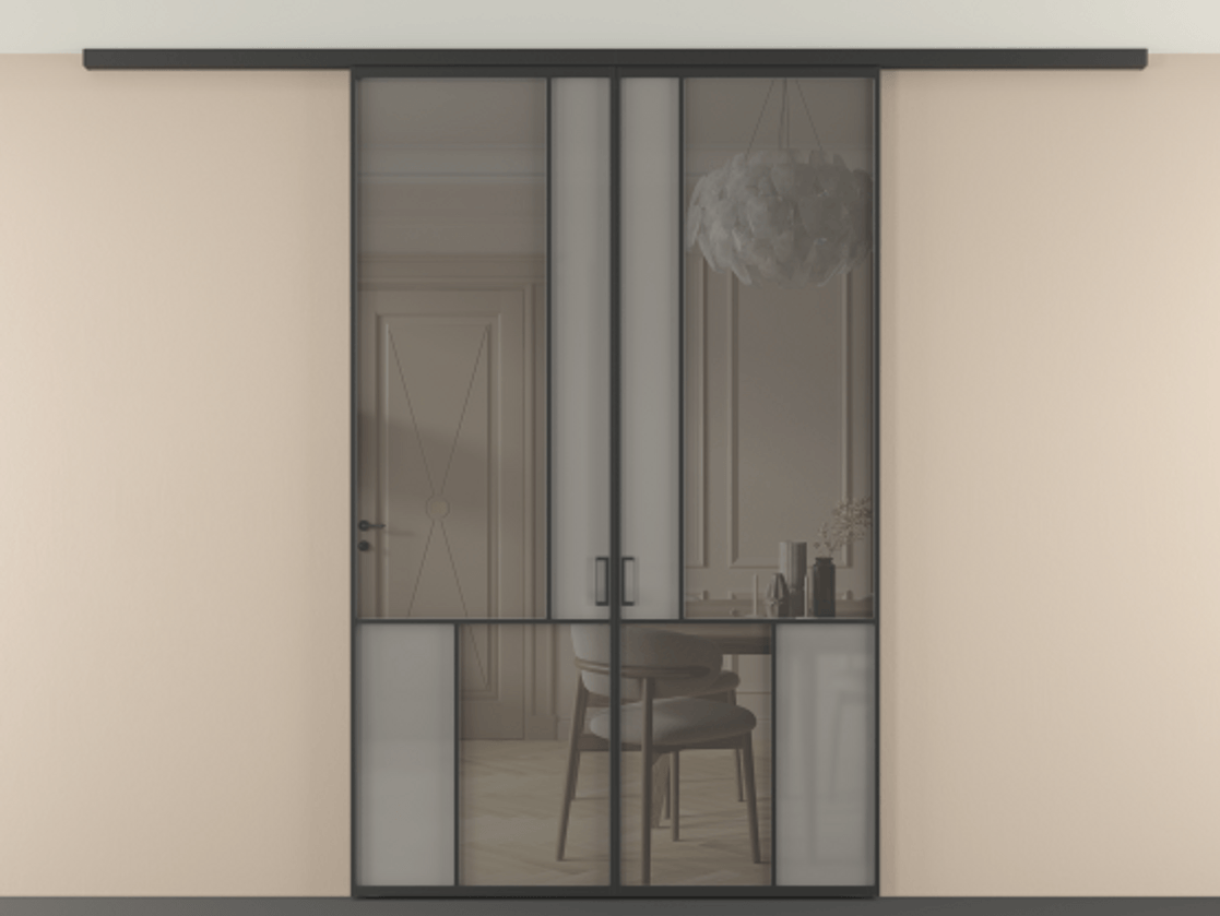 Перегородка Mosaic вдоль стены на потолок двустворчатая АЛПР 041.20 Алюминий Черный Сатинированное серое стекло, триплекс, 6 мм + Прозрачное серое стекло, триплекс, 6 мм. Скрытый короб ЧЕР Цена 237920 ₽ . Фабрика дверей Волховец 8 (800) 551 43 19  Перегородка Mosaic вдоль стены на потолок двустворчатая АЛПР 041.20 Алюминий Черный Сатинированное серое стекло, триплекс, 6 мм + Прозрачное серое стекло, триплекс, 6 мм Цена 237920 ₽ | Volhovec