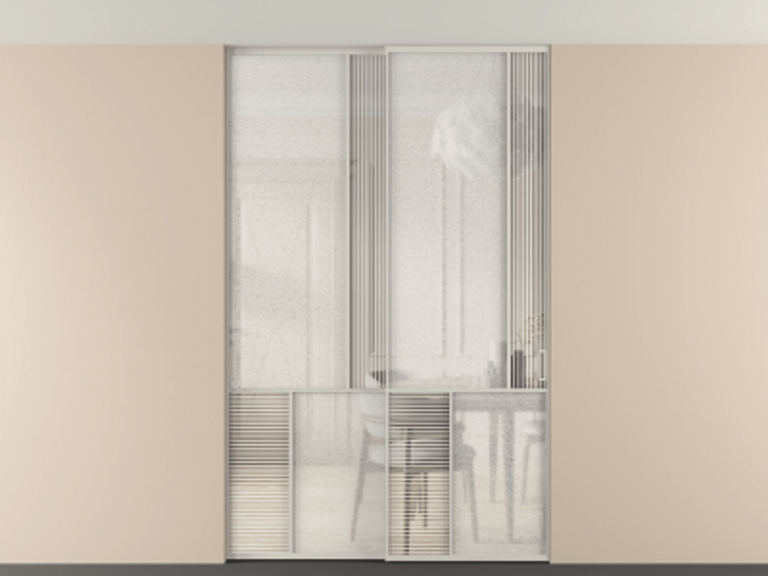 Перегородка Мозаик внутри проёма скрытое крепление в потолок 2 створки АЛПР 041.21 Алюминий тёплый серый Рифлёное стекло "Дюна", триплекс, 6 мм + Фактурное стекло "Лёд", триплекс. Цена 340580 ₽ . Фабрика дверей Волховец 8 (800) 551 43 19 Перегородка Мозаик внутри проёма скрытое крепление в потолок 2 створки АЛПР 041.21 Алюминий тёплый серый Рифлёное стекло "Дюна", триплекс, 6 мм + Фактурное стекло "Лёд", триплекс Цена 340580 ₽ | Volhovec