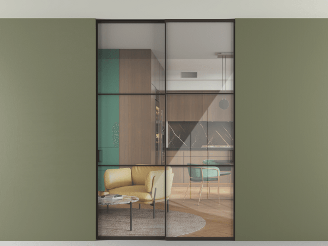 Перегородка Formato внутри проёма скрытое крепление в потолок 2 створки АЛПР 040.03 Алюминий антрацит Рефлективное прозрачное стекло "Stopsol", калёное. Цена 305520 ₽ 1. Полотно 2 шт. (800/2100 мм)
2. Комплект установки раздвижной системы
3. Базовый комплект фурнитуры
4. Ручка RONDO. Фабрика дверей Волховец 8 (800) 551 43 19 Перегородка Formato внутри проёма скрытое крепление в потолок 2 створки АЛПР 040.03 Алюминий антрацит Рефлективное прозрачное стекло "Stopsol", калёное Цена 305520 ₽ | Volhovec