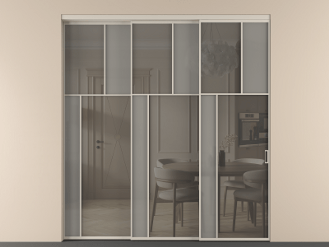 Перегородка Mosaic внутри проёма 3 створки с синхронным механизмом АЛПР 041.22 Алюминий светло-бежевый Сатинированное серое стекло, триплекс, 6 мм + Прозрачное серое стекло, триплекс. Цена 437390 ₽ . Фабрика дверей Волховец 8 (800) 551 43 19 Перегородка Mosaic внутри проёма 3 створки с синхронным механизмом АЛПР 041.22 Алюминий светло-бежевый Сатинированное серое стекло, триплекс, 6 мм + Прозрачное серое стекло, триплекс Цена 437390 ₽ | Volhovec