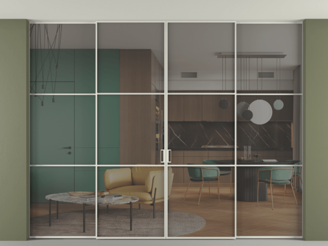 Перегородка Formato внутри проёма четырёхстворчатая со скрытым креплением в потолок АЛПР 040.03 Алюминий Белый Прозрачное серое стекло, триплекс. Скрытый короб БЕЛ Цена 444380 ₽ 1. Полотно 4 шт. (800/2100 мм)
2. Комплект установки раздвижной системы
3. Базовый комплект фурнитуры
4.Ручка RONDO. Фабрика дверей Волховец 8 (800) 551 43 19 Перегородка Formato внутри проёма четырёхстворчатая со скрытым креплением в потолок АЛПР 040.03 Алюминий Белый Прозрачное серое стекло, триплекс Цена 444380 ₽ | Volhovec