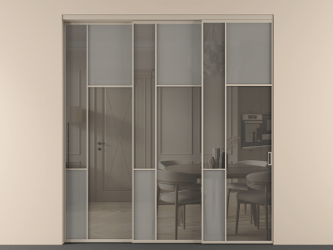 Перегородка Мозаик внутри проёма 3 створки с синхронным механизмом АЛПР 041.11 Алюминий бисквитный Сатинированное серое стекло, триплекс, 6 мм + Прозрачное серое стекло, триплекс. Цена 437390 ₽ . Фабрика дверей Волховец 8 (800) 551 43 19 Перегородка Мозаик внутри проёма 3 створки с синхронным механизмом АЛПР 041.11 Алюминий бисквитный Сатинированное серое стекло, триплекс, 6 мм + Прозрачное серое стекло, триплекс Цена 437390 ₽ | Volhovec