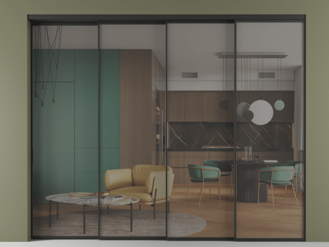 Перегородка Formato внутри проёма телескопик синхро 3 АЛПР 040.01 Алюминий Черный Прозрачное серое стекло, триплекс, 6 мм. Скрытый короб ЧЕР Цена 451100 ₽ 1. Полотно 4 шт.  (800/2100 мм)
2. Комплект установки раздвижной системы
3. Базовый комплект фурнитуры
4. Комплект фурнитуры телескопик синхро-3
5. Ручка RONDO
. Фабрика дверей Волховец 8 (800) 551 43 19  Перегородка Formato внутри проёма телескопик синхро 3 АЛПР 040.01 Алюминий Черный Прозрачное серое стекло, триплекс, 6 мм Цена 451100 ₽ | Volhovec