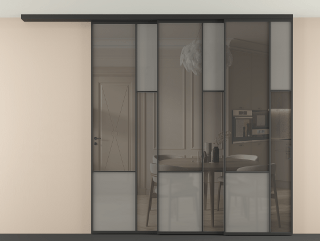 Перегородка Мозаик вдоль стены на потолок 3 створки с синхронным механизмом АЛПР 041.12 Алюминий Черный Сатинированное серое стекло, триплекс, 6 мм + Прозрачное серое стекло, триплекс. Скрытый короб ЧЕР Цена 474680 ₽ . Фабрика дверей Волховец 8 (800) 551 43 19 Перегородка Мозаик вдоль стены на потолок 3 створки с синхронным механизмом АЛПР 041.12 Алюминий Черный Сатинированное серое стекло, триплекс, 6 мм + Прозрачное серое стекло, триплекс Цена 474680 ₽ | Volhovec