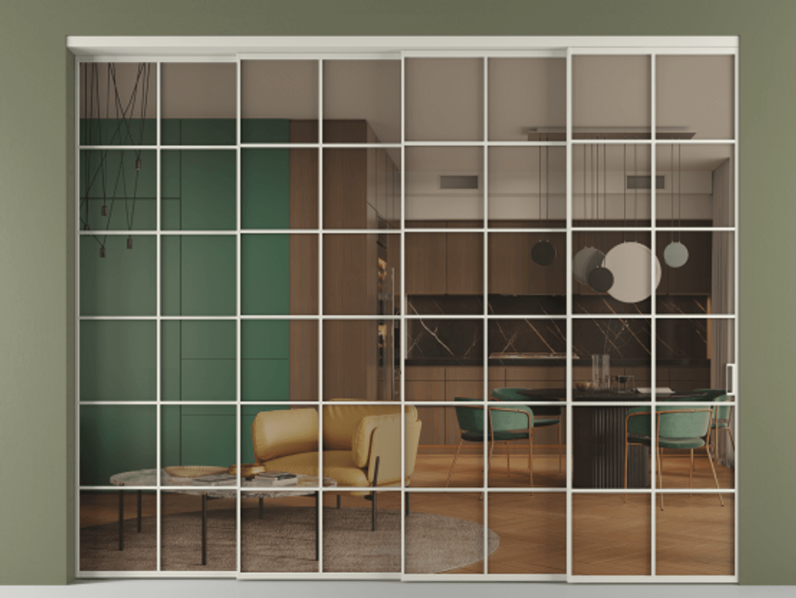 Перегородка Формато внутри проёма 4 створки с синхронным механизмом АЛПР 040.05 Алюминий тёплый серый Прозрачное бронзовое стекло, триплекс. Цена 711520 сом 1. Полотно 4 шт. (800/2100 мм)
2. Комплект установки раздвижной системы
3. Базовый комплект фурнитуры
4. Комплект фурнитуры телескопик синхро-3
5. Ручка Рондо. Фабрика дверей Волховец 8 (800) 551 43 19 Перегородка Формато внутри проёма 4 створки с синхронным механизмом АЛПР 040.05 Алюминий тёплый серый Прозрачное бронзовое стекло, триплекс Цена 711520 сом | Volhovec