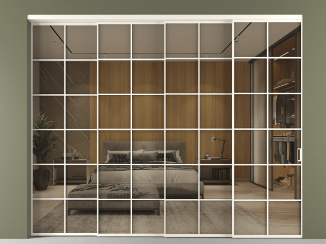 Перегородка Формато внутри проёма 4 створки с синхронным механизмом АЛПР 040.05 Алюминий пудровый белый Рефлективное бронзовое стекло "Стопсол", калёное. Цена 514280 ₽ 1. Полотно 4 шт. (800/2100 мм)
2. Комплект установки раздвижной системы
3. Базовый комплект фурнитуры
4. Комплект фурнитуры телескопик синхро-3
5. Ручка Рондо. Фабрика дверей Волховец 8 (800) 551 43 19 Перегородка Формато внутри проёма 4 створки с синхронным механизмом АЛПР 040.05 Алюминий пудровый белый Рефлективное бронзовое стекло "Стопсол", калёное Цена 514280 ₽ | Volhovec