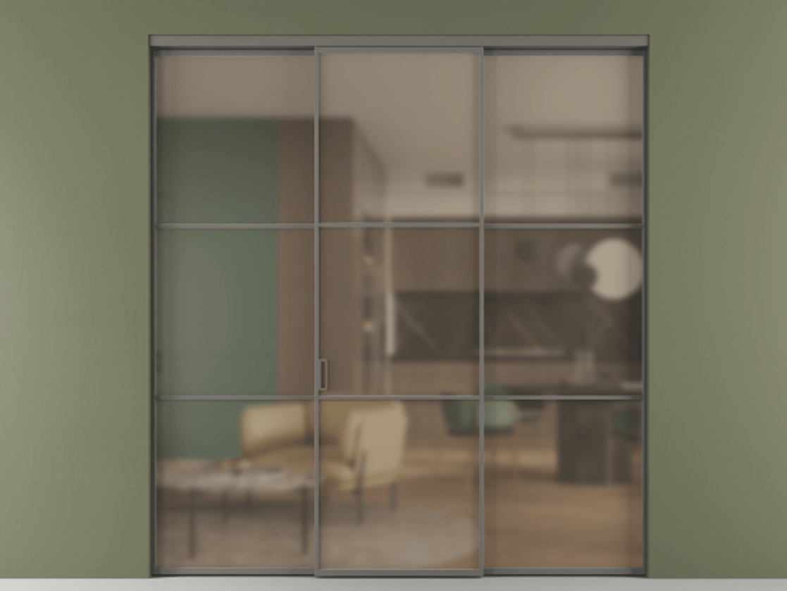 Перегородка Формато внутри проёма 3 створки АЛПР 040.03 Алюминий классический серый Сатинированное бронзовое стекло, триплекс. Цена 237275 ₽ 1. Полотно 3 шт. (800/2100 мм)
2. Комплект установки раздвижной системы
3. Базовый комплект фурнитуры
4.Ручка Рондо. Фабрика дверей Волховец 8 (800) 551 43 19 Перегородка Формато внутри проёма 3 створки АЛПР 040.03 Алюминий классический серый Сатинированное бронзовое стекло, триплекс Цена 237275 ₽ | Volhovec