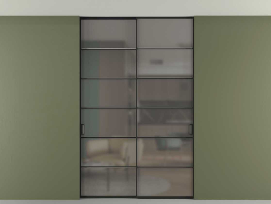 Перегородка Formato внутри проёма двустворчатая со скрытым креплением в потолок АЛПР 040.04 Алюминий Черный Сатинированное серое стекло, триплекс, 6 мм. Скрытый короб ЧЕР Цена 294820 ₽ 1. Полотно 2 шт. (800/2100 мм)
 2. Комплект установки раздвижной системы
 3. Базовый комплект фурнитуры
4. Ручка RONDO. Фабрика дверей Волховец 8 (800) 551 43 19  Перегородка Formato внутри проёма двустворчатая со скрытым креплением в потолок АЛПР 040.04 Алюминий Черный Сатинированное серое стекло, триплекс, 6 мм Цена 294820 ₽ | Volhovec