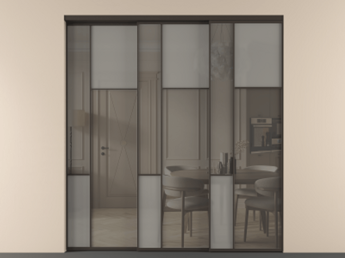 Перегородка Mosaic внутри проёма 3 створки с синхронным механизмом АЛПР 041.11 Алюминий антрацит Сатинированное серое стекло, триплекс, 6 мм + Прозрачное серое стекло, триплекс. Цена 437390 ₽ . Фабрика дверей Волховец 8 (800) 551 43 19 Перегородка Mosaic внутри проёма 3 створки с синхронным механизмом АЛПР 041.11 Алюминий антрацит Сатинированное серое стекло, триплекс, 6 мм + Прозрачное серое стекло, триплекс Цена 437390 ₽ | Volhovec