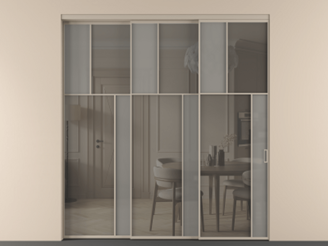 Перегородка Mosaic внутри проёма 3 створки с синхронным механизмом АЛПР 041.23 Алюминий бисквитный Сатинированное серое стекло, триплекс, 6 мм + Прозрачное серое стекло, триплекс. Цена 437390 ₽ . Фабрика дверей Волховец 8 (800) 551 43 19 Перегородка Mosaic внутри проёма 3 створки с синхронным механизмом АЛПР 041.23 Алюминий бисквитный Сатинированное серое стекло, триплекс, 6 мм + Прозрачное серое стекло, триплекс Цена 437390 ₽ | Volhovec