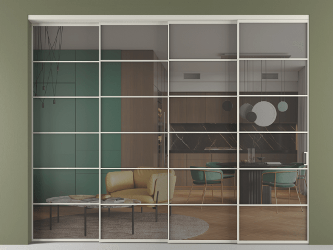 Перегородка Формато внутри проёма 4 створки с синхронным механизмом АЛПР 040.04 Алюминий тёплый серый Прозрачное серое стекло, триплекс. Цена 488680 ₽ 1. Полотно 4 шт. (800/2100 мм)
2. Комплект установки раздвижной системы
3. Базовый комплект фурнитуры
4. Комплект фурнитуры телескопик синхро-3
5. Ручка Рондо. Фабрика дверей Волховец 8 (800) 551 43 19 Перегородка Формато внутри проёма 4 створки с синхронным механизмом АЛПР 040.04 Алюминий тёплый серый Прозрачное серое стекло, триплекс Цена 488680 ₽ | Volhovec