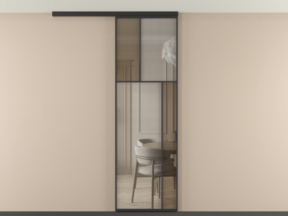 Перегородка Mosaic вдоль стены на потолок 1 створка АЛПР 041.23 Алюминий Черный Декоративное стекло с сеткой "Mesh silver", триплекс, 6 мм + Прозрачное бронзовое стекло, триплекс. Скрытый короб ЧЕР Цена 135560 ₽ . Фабрика дверей Волховец 8 (800) 551 43 19 Перегородка Mosaic вдоль стены на потолок 1 створка АЛПР 041.23 Алюминий Черный Декоративное стекло с сеткой "Mesh silver", триплекс, 6 мм + Прозрачное бронзовое стекло, триплекс Цена 135560 ₽ | Volhovec