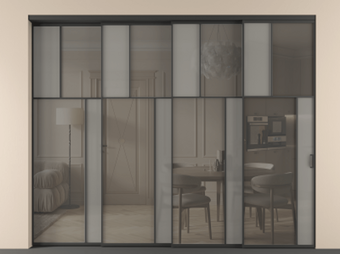 Перегородка Мозаик внутри проёма 4 створки с синхронным механизмом АЛПР 041.23 Алюминий Черный Сатинированное серое стекло, триплекс, 6 мм + Прозрачное серое стекло, триплекс. Скрытый короб ЧЕР Цена 560060 ₽ . Фабрика дверей Волховец 8 (800) 551 43 19 Перегородка Мозаик внутри проёма 4 створки с синхронным механизмом АЛПР 041.23 Алюминий Черный Сатинированное серое стекло, триплекс, 6 мм + Прозрачное серое стекло, триплекс Цена 560060 ₽ | Volhovec