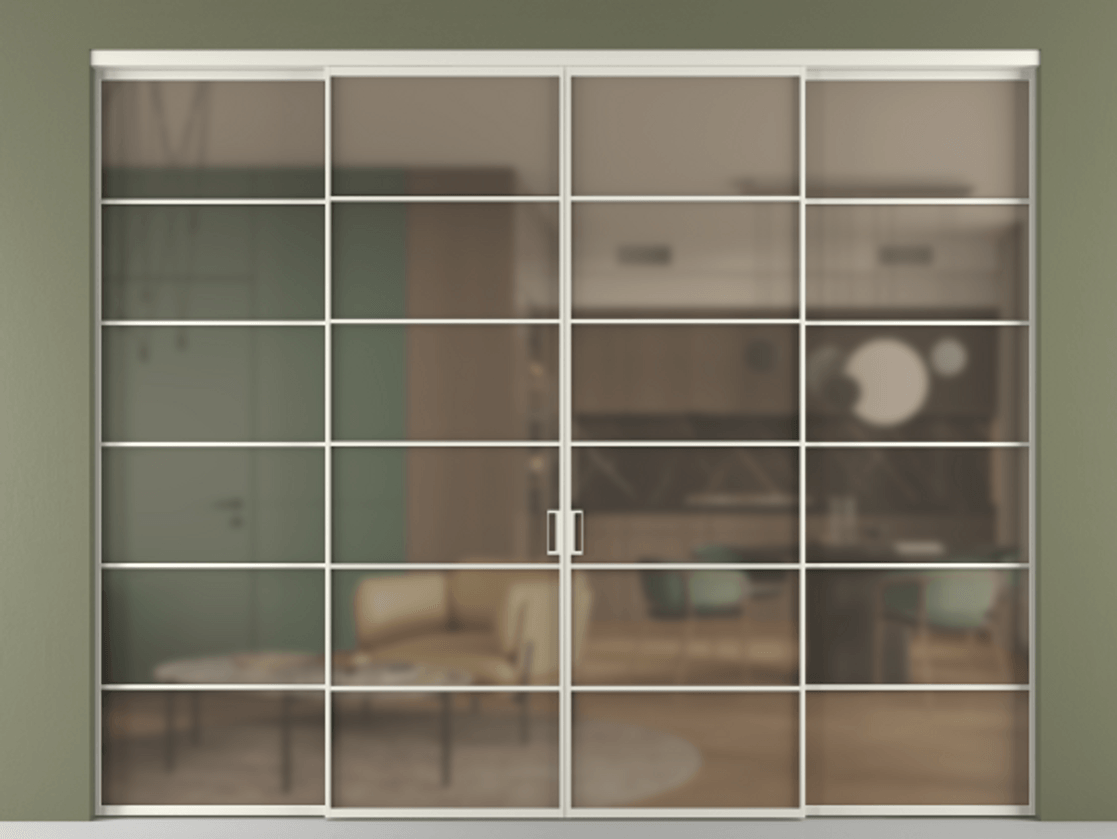 Перегородка Formato внутри проёма 4 створки АЛПР 040.04 Алюминий Белый Сатинированное бронзовое стекло, триплекс. Скрытый короб БЕЛ Цена 347680 ₽ 1. Полотно 4 шт. (800/2100 мм)
2. Комплект установки раздвижной системы
3. Базовый комплект фурнитуры
4.Ручка RONDO. Фабрика дверей Волховец 8 (800) 551 43 19 Перегородка Formato внутри проёма 4 створки АЛПР 040.04 Алюминий Белый Сатинированное бронзовое стекло, триплекс Цена 347680 ₽ | Volhovec