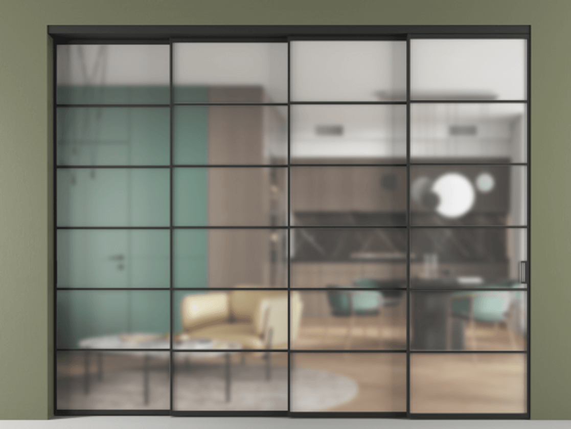 Перегородка Formato внутри проёма телескопик синхро 3 АЛПР 040.04 Алюминий Черный Сатинированное стекло "Matelux Crystal Vision", калёное, матовое, каленое 6 мм. Скрытый короб ЧЕР Цена 560900 ₽ 1. Полотно 4 шт. (800/2100 мм)
2. Комплект установки раздвижной системы
3. Базовый комплект фурнитуры
4. Комплект фурнитуры телескопик синхро-3
5. Ручка RONDO
. Фабрика дверей Волховец 8 (800) 551 43 19 Перегородка Formato внутри проёма телескопик синхро 3 АЛПР 040.04 Алюминий Черный Сатинированное стекло "Matelux Crystal Vision", калёное, матовое, каленое 6 мм Цена 560900 ₽ | Volhovec