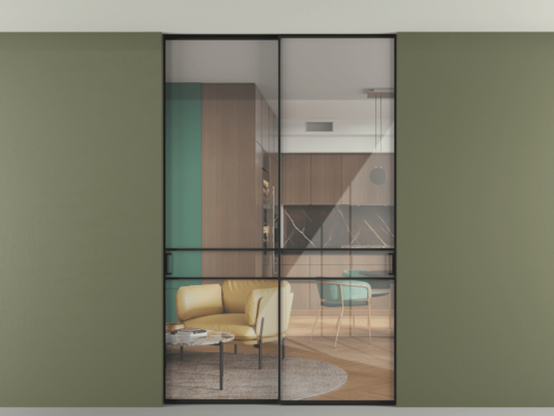 Перегородка Формато внутри проёма скрытое крепление в потолок 2 створки АЛПР 040.02 Алюминий Черный Рефлективное прозрачное стекло "Стопсол", калёное. Скрытый короб ЧЕР Цена 297600 ₽ 1. Полотно 2 шт. (800/2100 мм)
2. Комплект установки раздвижной системы
3. Базовый комплект фурнитуры
4. Ручка Рондо. Фабрика дверей Волховец 8 (800) 551 43 19 Перегородка Формато внутри проёма скрытое крепление в потолок 2 створки АЛПР 040.02 Алюминий Черный Рефлективное прозрачное стекло "Стопсол", калёное Цена 297600 ₽ | Volhovec