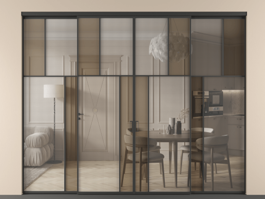 Перегородка Mosaic внутри проёма 4 створки АЛПР 041.22 Алюминий Черный Декоративное стекло с сеткой "Mesh silver", триплекс, 6 мм + Прозрачное бронзовое стекло, триплекс. Скрытый короб ЧЕР Цена 465960 ₽ . Фабрика дверей Волховец 8 (800) 551 43 19 Перегородка Mosaic внутри проёма 4 створки АЛПР 041.22 Алюминий Черный Декоративное стекло с сеткой "Mesh silver", триплекс, 6 мм + Прозрачное бронзовое стекло, триплекс Цена 465960 ₽ | Volhovec