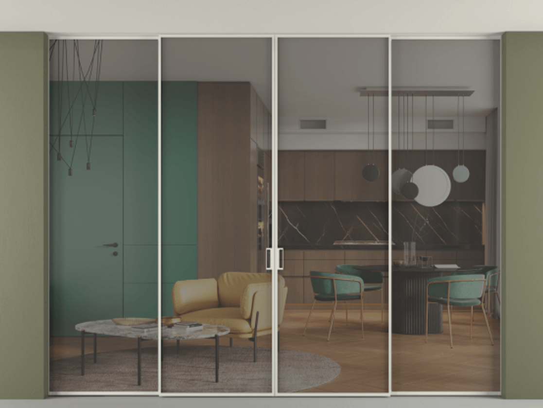 Перегородка Formato внутри проёма четырёхстворчатая со скрытым креплением в потолок АЛПР 040.01 Алюминий Белый Прозрачное серое стекло, триплекс. Скрытый короб БЕЛ Цена 426076 ₽ 1. Полотно 4 шт. (800/2100 мм)
2. Комплект установки раздвижной системы
3. Базовый комплект фурнитуры
4.Ручка RONDO. Фабрика дверей Волховец 8 (800) 551 43 19 Перегородка Formato внутри проёма четырёхстворчатая со скрытым креплением в потолок АЛПР 040.01 Алюминий Белый Прозрачное серое стекло, триплекс Цена 426076 ₽ | Volhovec