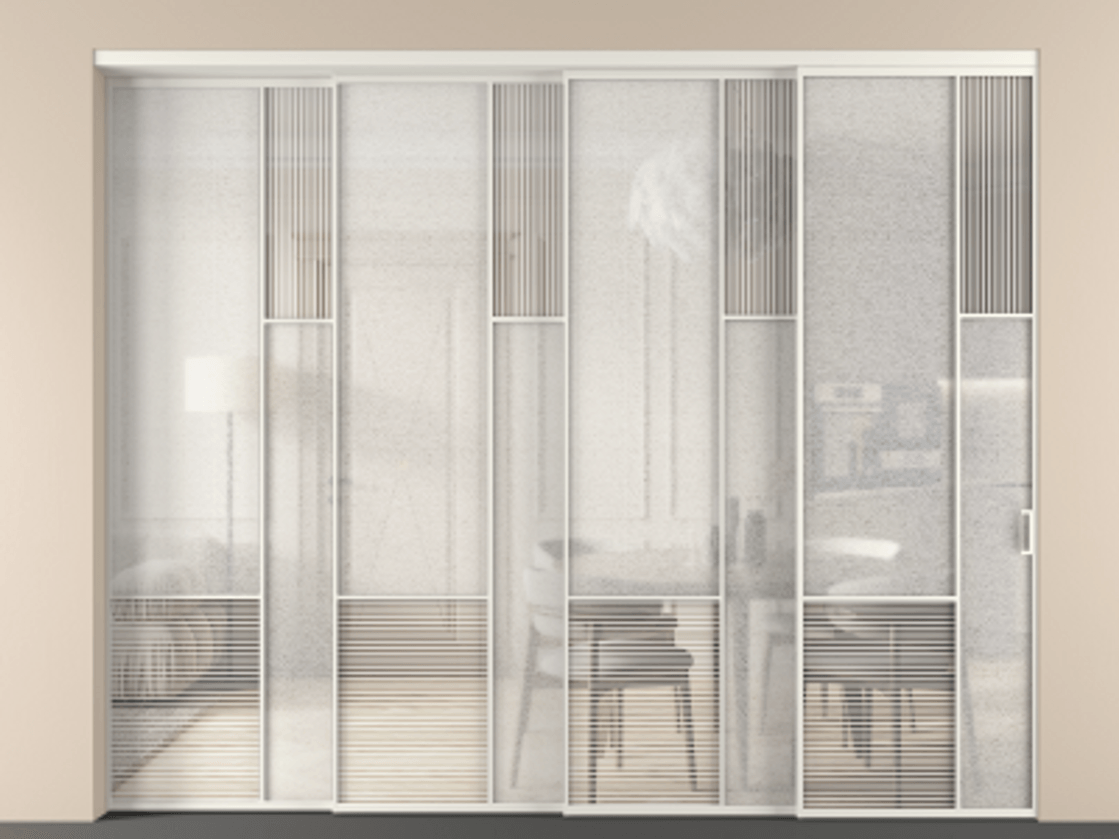 Перегородка Мозаик внутри проёма 4 створки с синхронным механизмом АЛПР 041.12 Алюминий Белый Рифлёное стекло "Дюна", триплекс, 6 мм + Фактурное стекло "Лёд", триплекс. Скрытый короб БЕЛ Цена 651270 ₽ . Фабрика дверей Волховец 8 (800) 551 43 19 Перегородка Мозаик внутри проёма 4 створки с синхронным механизмом АЛПР 041.12 Алюминий Белый Рифлёное стекло "Дюна", триплекс, 6 мм + Фактурное стекло "Лёд", триплекс Цена 651270 ₽ | Volhovec