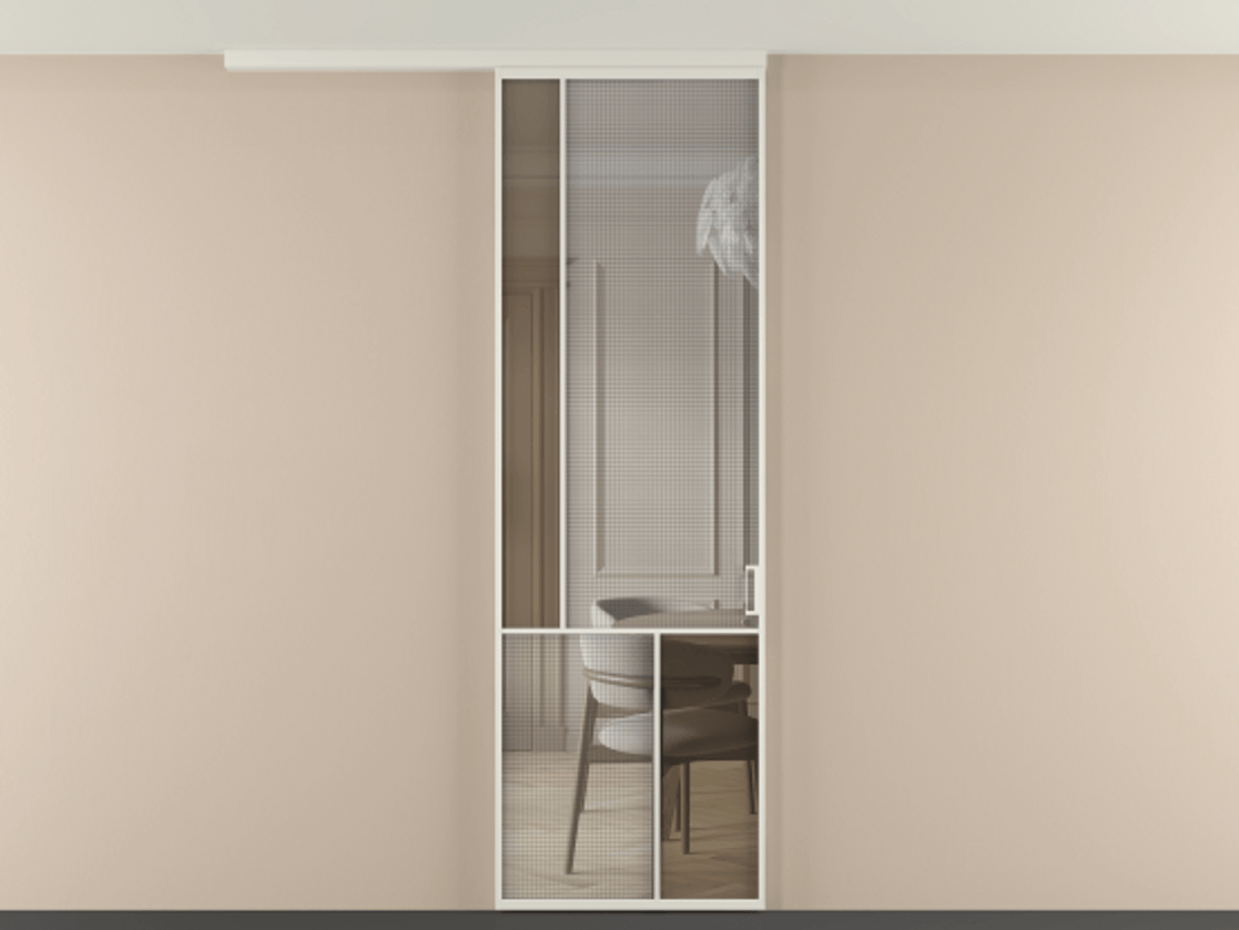 Перегородка Mosaic вдоль стены на потолок одностворчатая АЛПР 041.20 Алюминий Белый Декоративное стекло с сеткой "Mesh silver", триплекс, 6 мм + Прозрачное бронзовое стекло, триплекс. Скрытый короб БЕЛ Цена 128160 ₽ . Фабрика дверей Волховец 8 (800) 551 43 19 Перегородка Mosaic вдоль стены на потолок одностворчатая АЛПР 041.20 Алюминий Белый Декоративное стекло с сеткой "Mesh silver", триплекс, 6 мм + Прозрачное бронзовое стекло, триплекс Цена 128160 ₽ | Volhovec