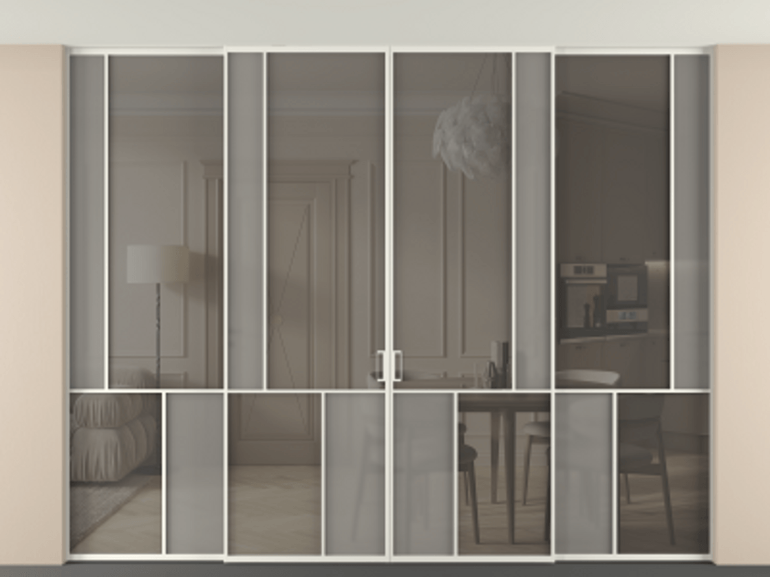 Перегородка Mosaic внутри проёма четырёхстворчатая со скрытым креплением в потолок АЛПР 041.21 Алюминий Белый Сатинированное серое стекло, триплекс, 6 мм + Прозрачное серое стекло, триплекс, 6 мм. Скрытый короб БЕЛ Цена 541440 ₽ . Фабрика дверей Волховец 8 (800) 551 43 19 Перегородка Mosaic внутри проёма четырёхстворчатая со скрытым креплением в потолок АЛПР 041.21 Алюминий Белый Сатинированное серое стекло, триплекс, 6 мм + Прозрачное серое стекло, триплекс, 6 мм Цена 541440 ₽ | Volhovec