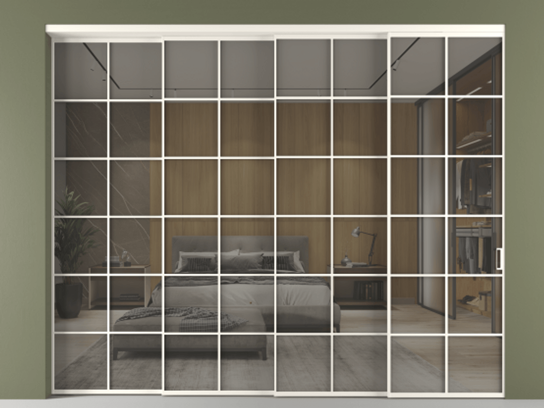 Перегородка Формато внутри проёма 4 створки с синхронным механизмом АЛПР 040.05 Алюминий пудровый белый Рефлективное серое стекло "Стопсол", калёное. Цена 514280 ₽ 1. Полотно 4 шт. (800/2100 мм)
2. Комплект установки раздвижной системы
3. Базовый комплект фурнитуры
4. Комплект фурнитуры телескопик синхро-3
5. Ручка Рондо. Фабрика дверей Волховец 8 (800) 551 43 19 Перегородка Формато внутри проёма 4 створки с синхронным механизмом АЛПР 040.05 Алюминий пудровый белый Рефлективное серое стекло "Стопсол", калёное Цена 514280 ₽ | Volhovec