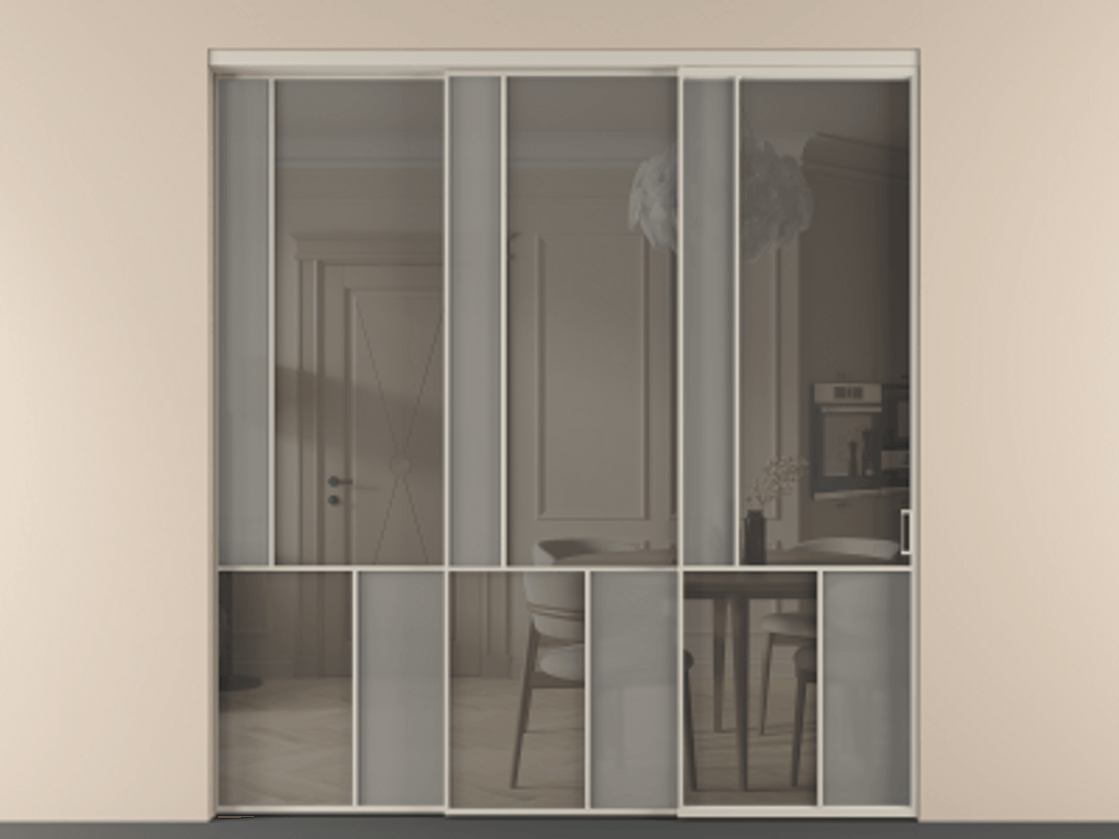 Перегородка Мозаик внутри проёма 3 створки с синхронным механизмом АЛПР 041.20 Алюминий светло-бежевый Сатинированное серое стекло, триплекс, 6 мм + Прозрачное серое стекло, триплекс. Цена 437390 ₽ . Фабрика дверей Волховец 8 (800) 551 43 19 Перегородка Мозаик внутри проёма 3 створки с синхронным механизмом АЛПР 041.20 Алюминий светло-бежевый Сатинированное серое стекло, триплекс, 6 мм + Прозрачное серое стекло, триплекс Цена 437390 ₽ | Volhovec