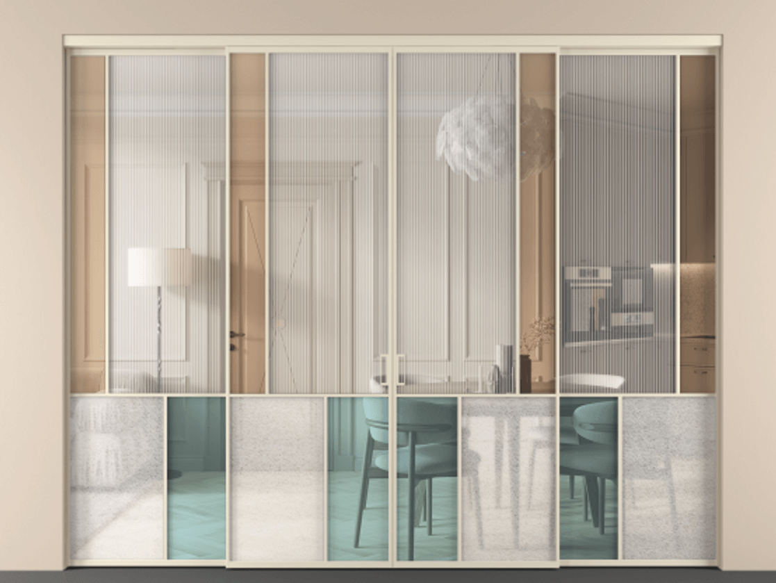 Перегородка Mosaic внутри проёма четырёхстворчатая АЛПР 041.21 Алюминий бежево-серый Комбинация стекол Группы 1 и Группы 3. Цена 434580 ₽ . Фабрика дверей Волховец 8 (800) 551 43 19 Перегородка Mosaic внутри проёма четырёхстворчатая АЛПР 041.21 Алюминий бежево-серый Комбинация стекол Группы 1 и Группы 3 Цена 434580 ₽ | Volhovec