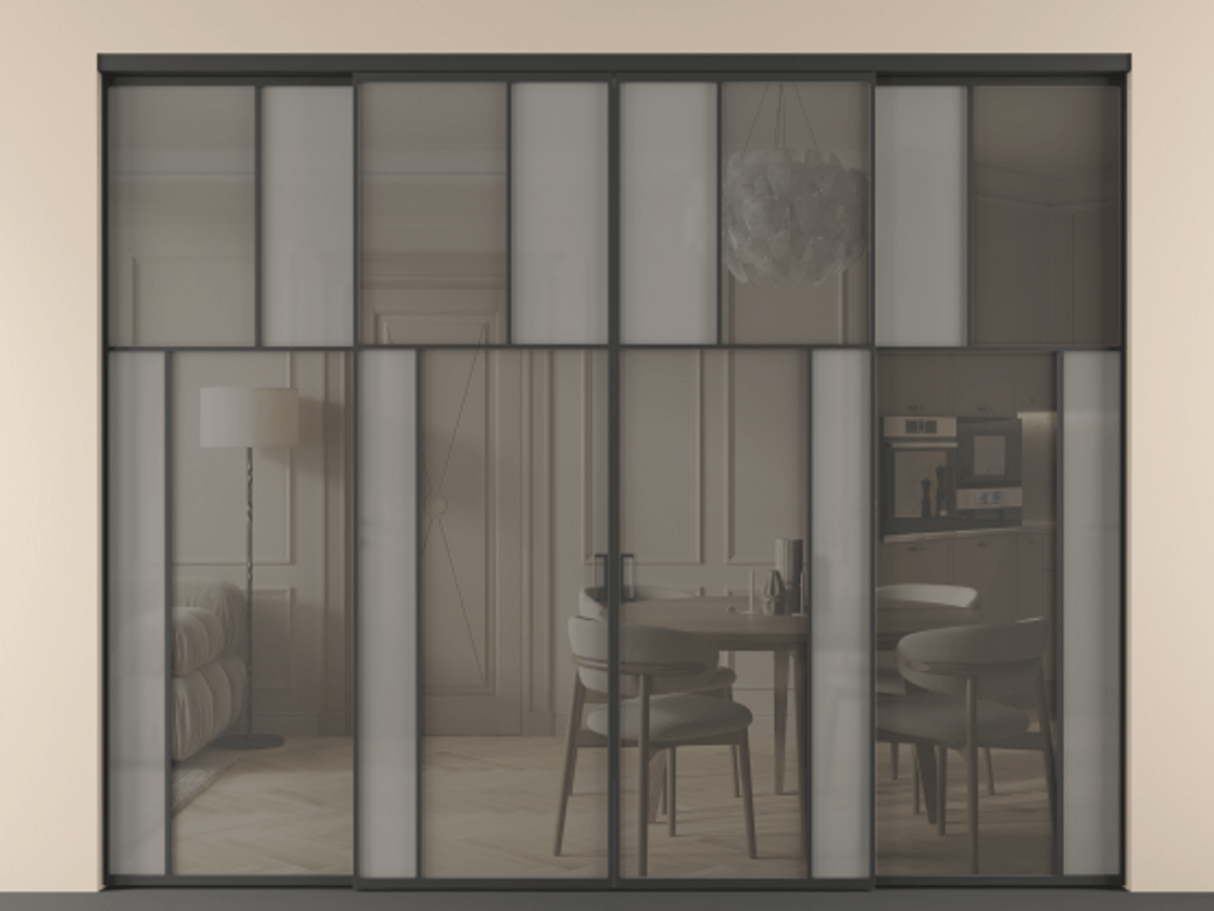 Перегородка Mosaic внутри проёма 4 створки АЛПР 041.23 Алюминий Черный Сатинированное серое стекло, триплекс, 6 мм + Прозрачное серое стекло, триплекс. Скрытый короб ЧЕР Цена 441960 ₽ . Фабрика дверей Волховец 8 (800) 551 43 19 Перегородка Mosaic внутри проёма 4 створки АЛПР 041.23 Алюминий Черный Сатинированное серое стекло, триплекс, 6 мм + Прозрачное серое стекло, триплекс Цена 441960 ₽ | Volhovec