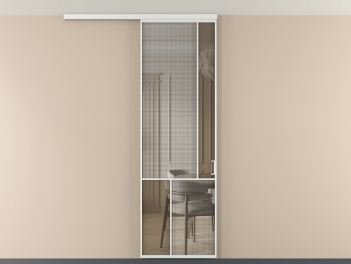 Перегородка Mosaic вдоль стены на потолок 1 створка АЛПР 041.21 Алюминий белоснежный Декоративное стекло с сеткой "Mesh silver", триплекс, 6 мм + Прозрачное бронзовое стекло, триплекс. Цена 141040 ₽ . Фабрика дверей Волховец 8 (800) 551 43 19 Перегородка Mosaic вдоль стены на потолок 1 створка АЛПР 041.21 Алюминий белоснежный Декоративное стекло с сеткой "Mesh silver", триплекс, 6 мм + Прозрачное бронзовое стекло, триплекс Цена 141040 ₽ | Volhovec