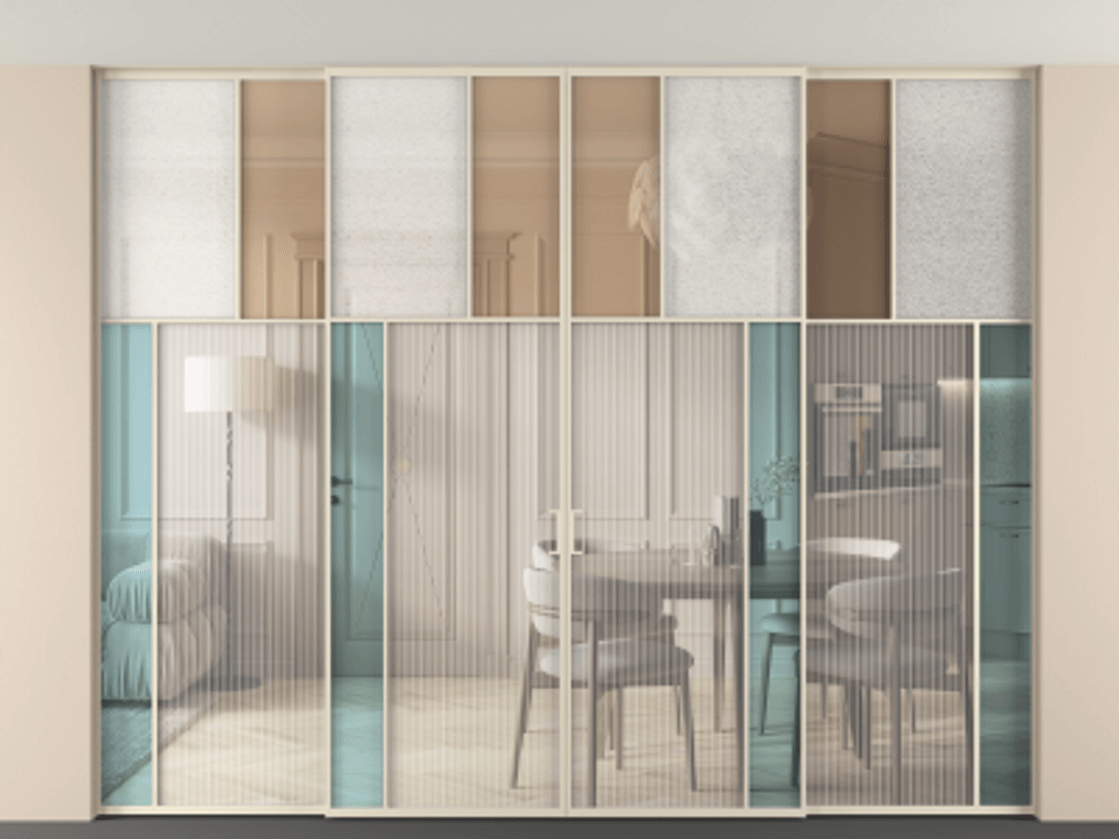 Перегородка Mosaic внутри проёма четырёхстворчатая со скрытым креплением в потолок АЛПР 041.23 Алюминий бежево-серый Комбинация стекол Группы 1 и Группы 3. Цена 570540 ₽ . Фабрика дверей Волховец 8 (800) 551 43 19 Перегородка Mosaic внутри проёма четырёхстворчатая со скрытым креплением в потолок АЛПР 041.23 Алюминий бежево-серый Комбинация стекол Группы 1 и Группы 3 Цена 570540 ₽ | Volhovec