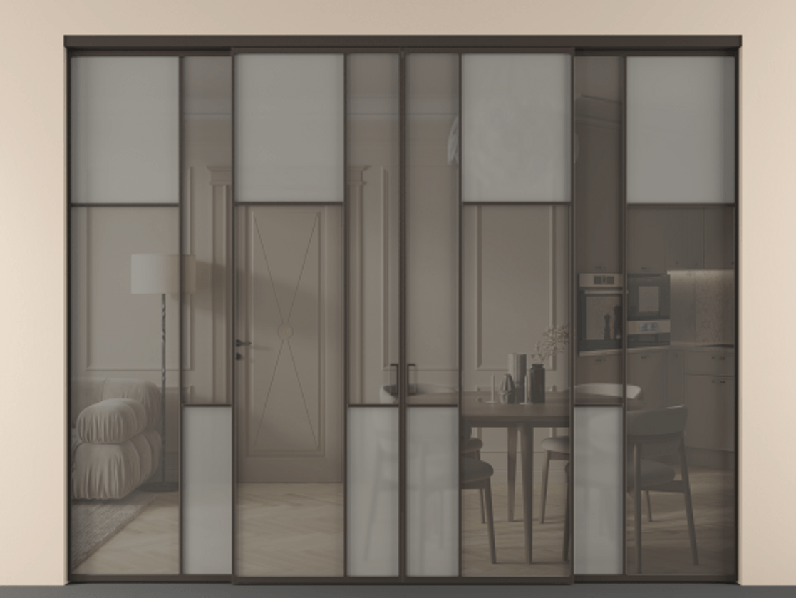 Перегородка Мозаик внутри проёма 4 створки АЛПР 041.11 Алюминий антрацит Сатинированное серое стекло, триплекс, 6 мм + Прозрачное серое стекло, триплекс. Цена 460920 ₽ . Фабрика дверей Волховец 8 (800) 551 43 19 Перегородка Мозаик внутри проёма 4 створки АЛПР 041.11 Алюминий антрацит Сатинированное серое стекло, триплекс, 6 мм + Прозрачное серое стекло, триплекс Цена 460920 ₽ | Volhovec