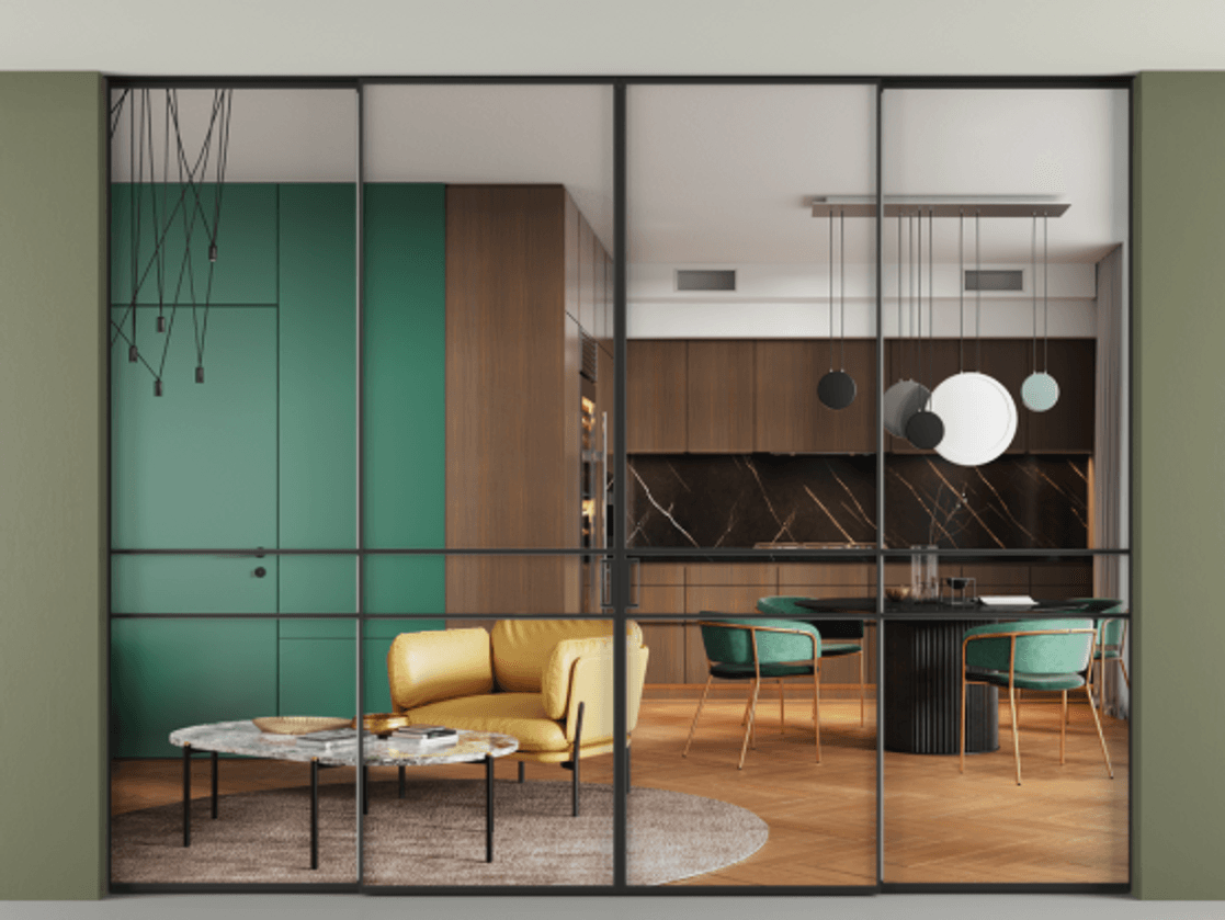 Перегородка Formato внутри проёма четырёхстворчатая со скрытым креплением в потолок АЛПР 040.02 Алюминий Черный Прозрачное стекло "Crystal Vision", калёное, 6 мм. Скрытый короб ЧЕР Цена 510160 ₽ 1. Полотно 4 шт. (800/2100 мм)
 2. Комплект установки раздвижной системы
 3. Базовый комплект фурнитуры
4.Ручка RONDO. Фабрика дверей Волховец 8 (800) 551 43 19  Перегородка Formato внутри проёма четырёхстворчатая со скрытым креплением в потолок АЛПР 040.02 Алюминий Черный Прозрачное стекло "Crystal Vision", калёное, 6 мм Цена 510160 ₽ | Volhovec