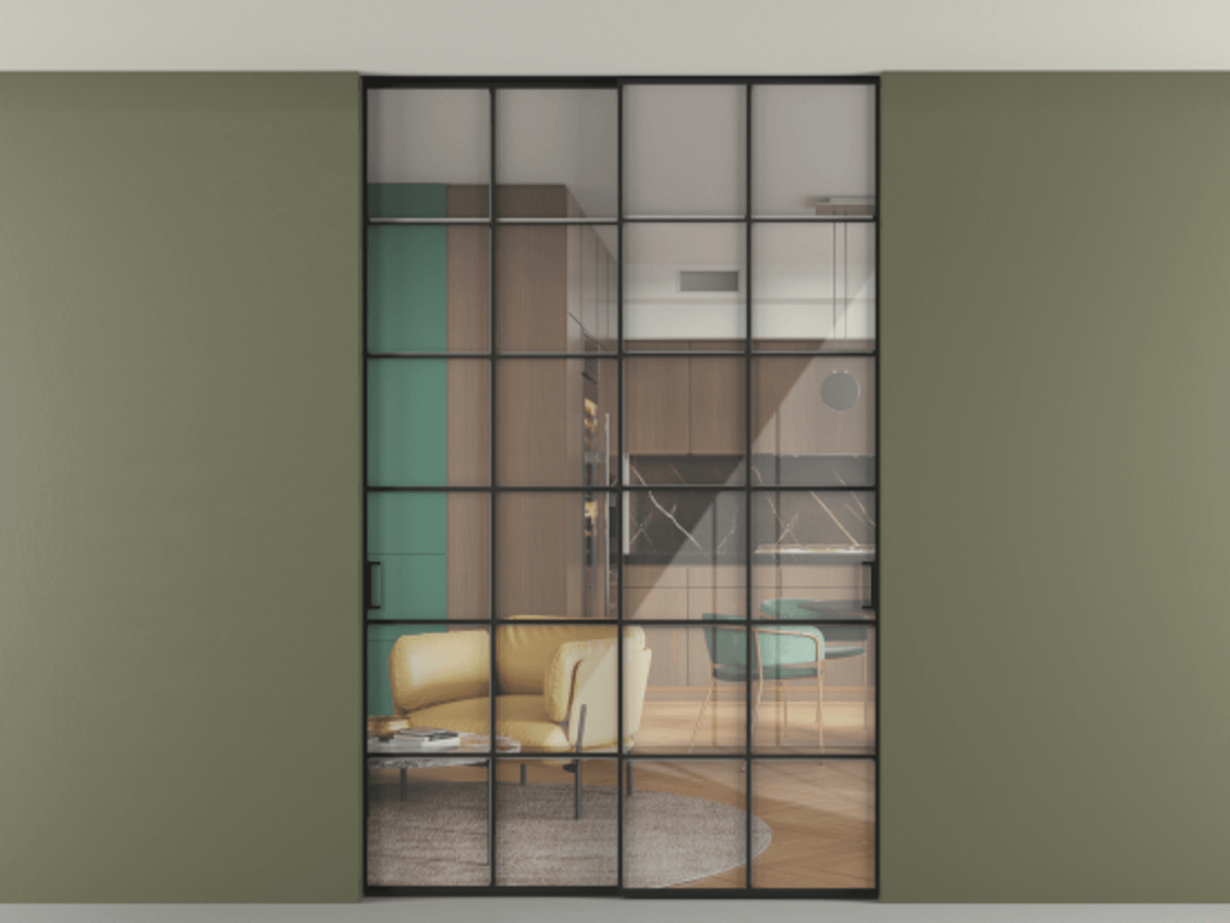 Перегородка Формато внутри проёма скрытое крепление в потолок 2 створки АЛПР 040.05 Алюминий Черный Рефлективное прозрачное стекло "Стопсол", калёное. Скрытый короб ЧЕР Цена 313880 ₽ 1. Полотно 2 шт. (800/2100 мм)
2. Комплект установки раздвижной системы
3. Базовый комплект фурнитуры
4. Ручка Рондо. Фабрика дверей Волховец 8 (800) 551 43 19 Перегородка Формато внутри проёма скрытое крепление в потолок 2 створки АЛПР 040.05 Алюминий Черный Рефлективное прозрачное стекло "Стопсол", калёное Цена 313880 ₽ | Volhovec