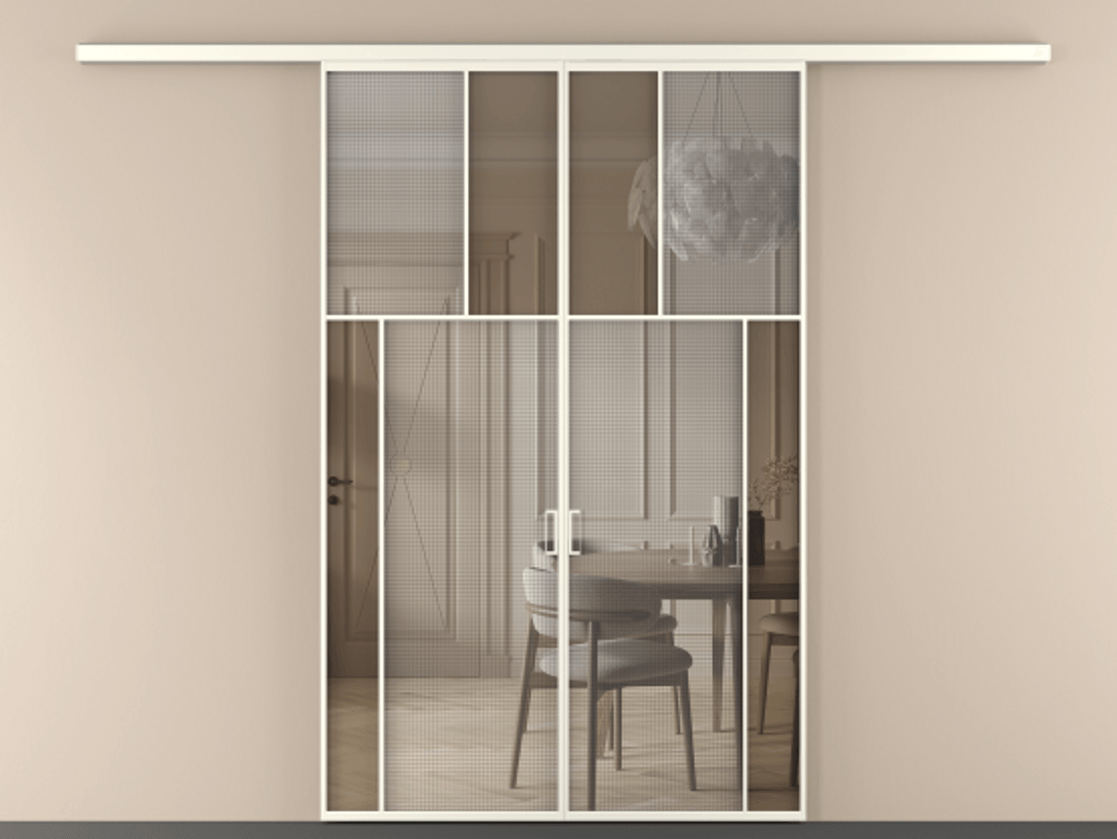 Перегородка Mosaic вдоль стены двустворчатая АЛПР 041.23 Алюминий жемчужный Декоративное стекло с сеткой "Mesh silver", триплекс, 6 мм + Прозрачное бронзовое стекло, триплекс, 6 мм.  Цена 261640 ₽ . Фабрика дверей Волховец 8 (800) 551 43 19  Перегородка Mosaic вдоль стены двустворчатая АЛПР 041.23 Алюминий жемчужный Декоративное стекло с сеткой "Mesh silver", триплекс, 6 мм + Прозрачное бронзовое стекло, триплекс, 6 мм Цена 261640 ₽ | Volhovec