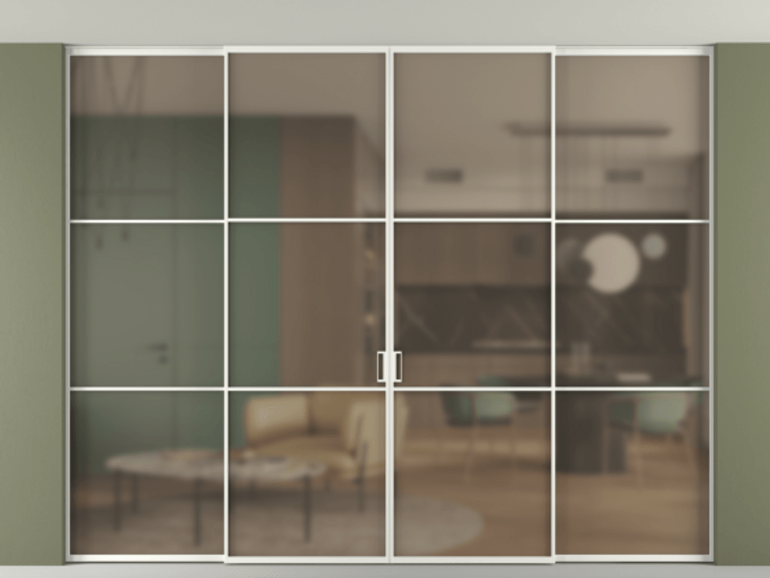 Перегородка Формато внутри проёма скрытое крепление в потолок 4 створки АЛПР 040.03 Алюминий светло-серый Сатинированное бронзовое стекло, триплекс. Цена 641410 сом 1. Полотно 4 шт. (800/2100 мм)
2. Комплект установки раздвижной системы
3. Базовый комплект фурнитуры
4.Ручка Рондо. Фабрика дверей Волховец 8 (800) 551 43 19 Перегородка Формато внутри проёма скрытое крепление в потолок 4 створки АЛПР 040.03 Алюминий светло-серый Сатинированное бронзовое стекло, триплекс Цена 641410 сом | Volhovec