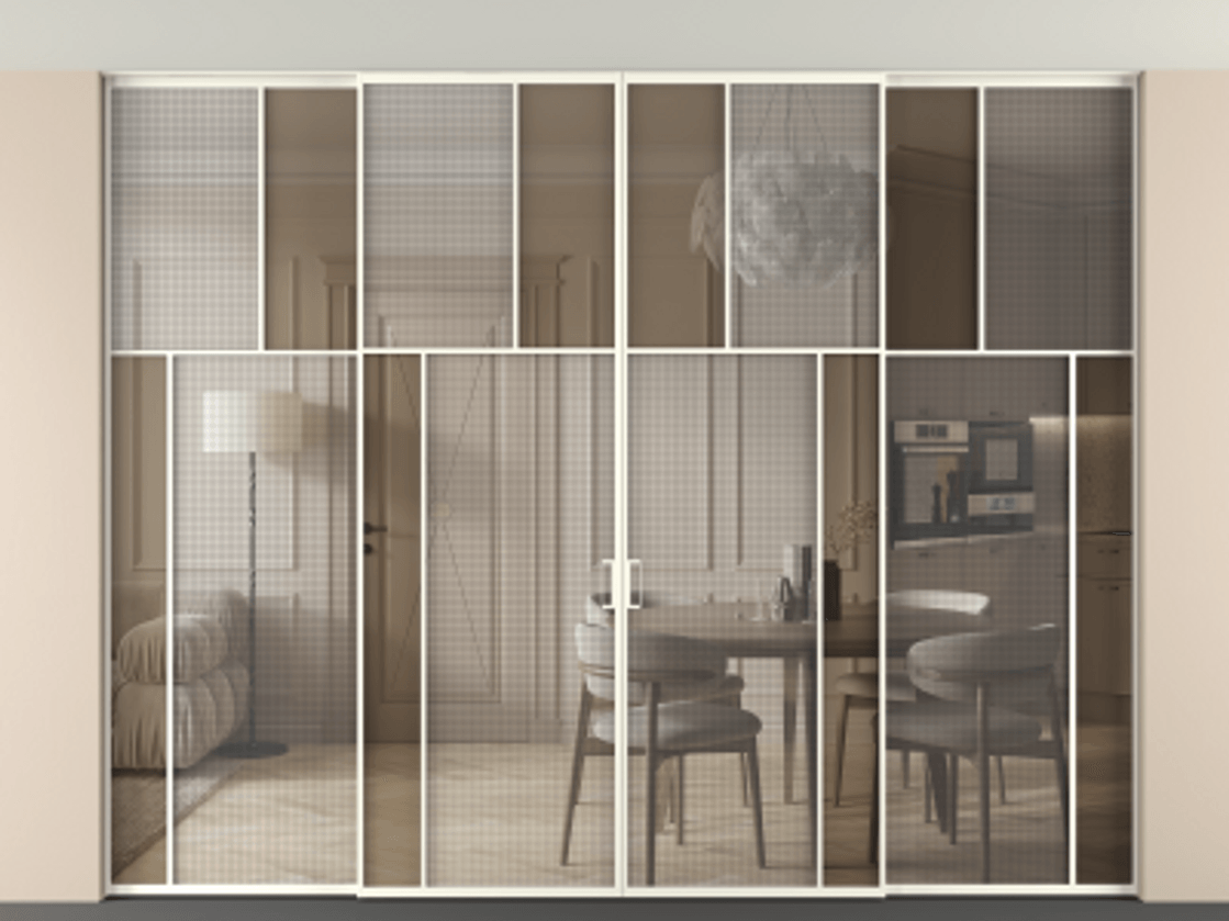 Перегородка Mosaic внутри проёма скрытое крепление в потолок 4 створки АЛПР 041.23 Алюминий жемчужный Декоративное стекло с сеткой "Mesh silver", триплекс, 6 мм + Прозрачное бронзовое стекло, триплекс. Цена 617260 ₽ . Фабрика дверей Волховец 8 (800) 551 43 19 Перегородка Mosaic внутри проёма скрытое крепление в потолок 4 створки АЛПР 041.23 Алюминий жемчужный Декоративное стекло с сеткой "Mesh silver", триплекс, 6 мм + Прозрачное бронзовое стекло, триплекс Цена 617260 ₽ | Volhovec