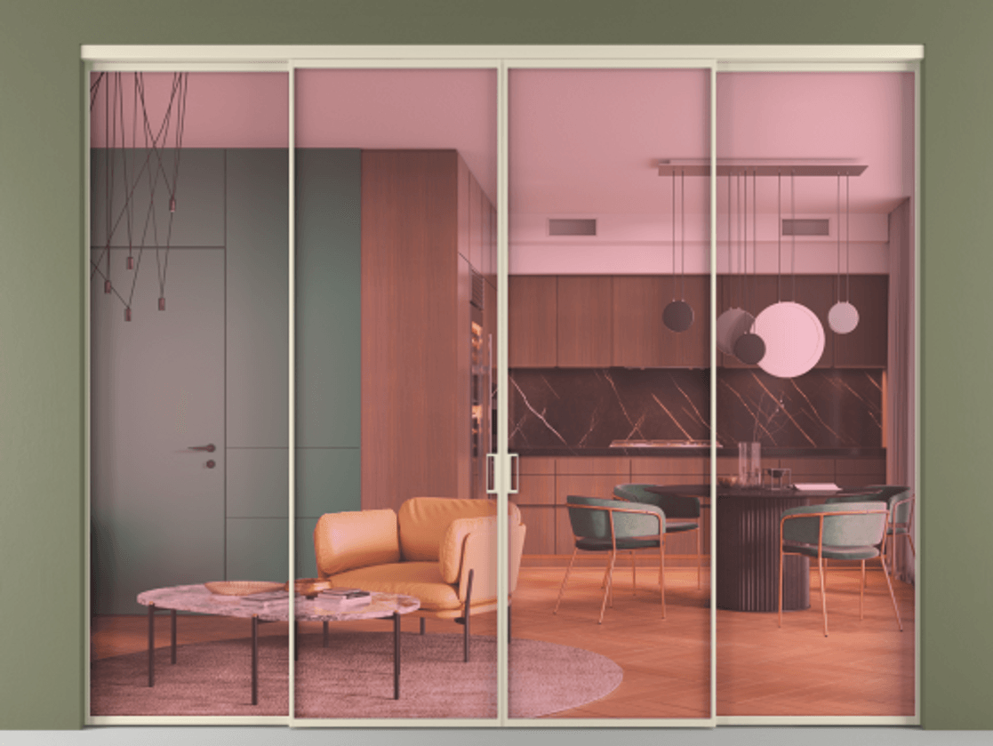 Перегородка Formato внутри проёма 4 створки АЛПР 040.01 Алюминий бежево-серый Прозрачное розовое стекло, триплекс. Цена 375600 ₽ 1. Полотно 4 шт. (800/2100 мм)
2. Комплект установки раздвижной системы
3. Базовый комплект фурнитуры
4.Ручка RONDO. Фабрика дверей Волховец 8 (800) 551 43 19 Перегородка Formato внутри проёма 4 створки АЛПР 040.01 Алюминий бежево-серый Прозрачное розовое стекло, триплекс Цена 375600 ₽ | Volhovec